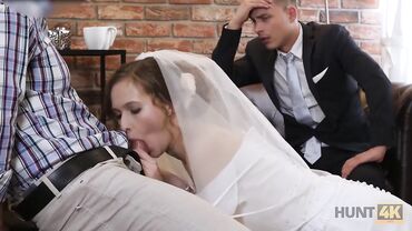 European bride gives a blowjob to another man in front of her hubby